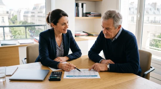 Un conseiller explique à un client un tableau de rachats programmés sur une assurance vie.