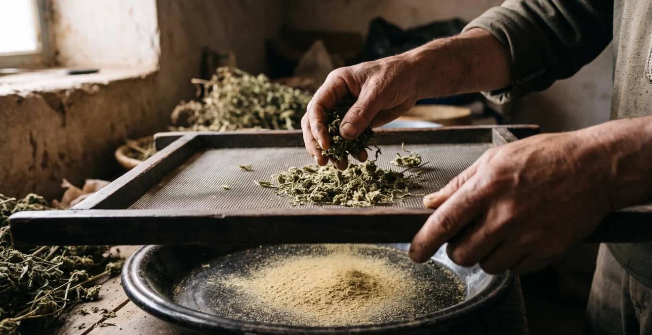 Des mains tamisent des fleurs de chanvre séchées au-dessus d'un plateau de récupération.